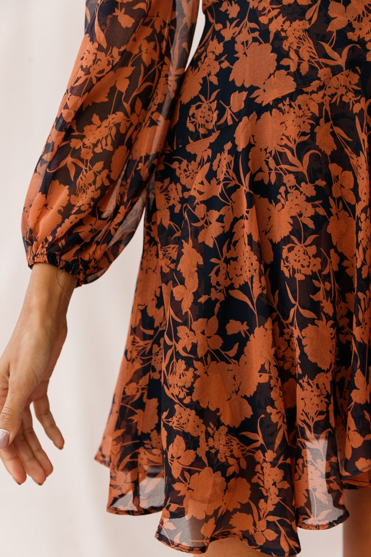 Wisteria Lane Long Sleeve Tea Dress Floral Print Navy-Maymioy