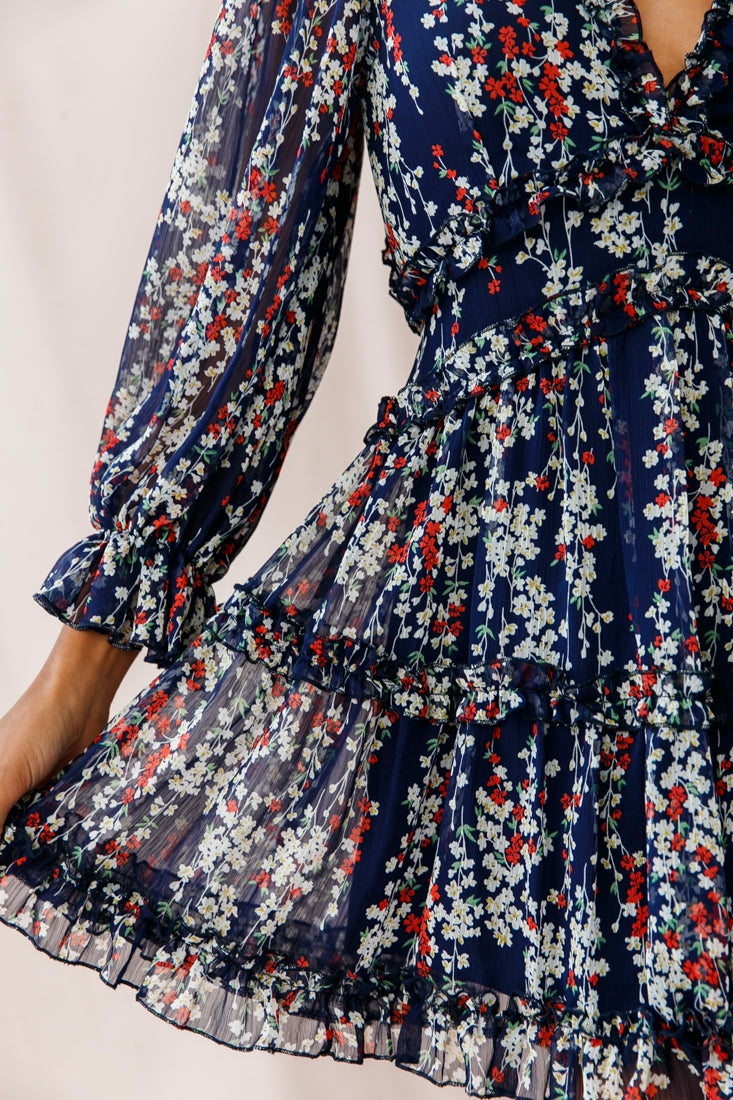 Laney Cutout Back Ruffle Detail Floral Dress Navy-Maymioy