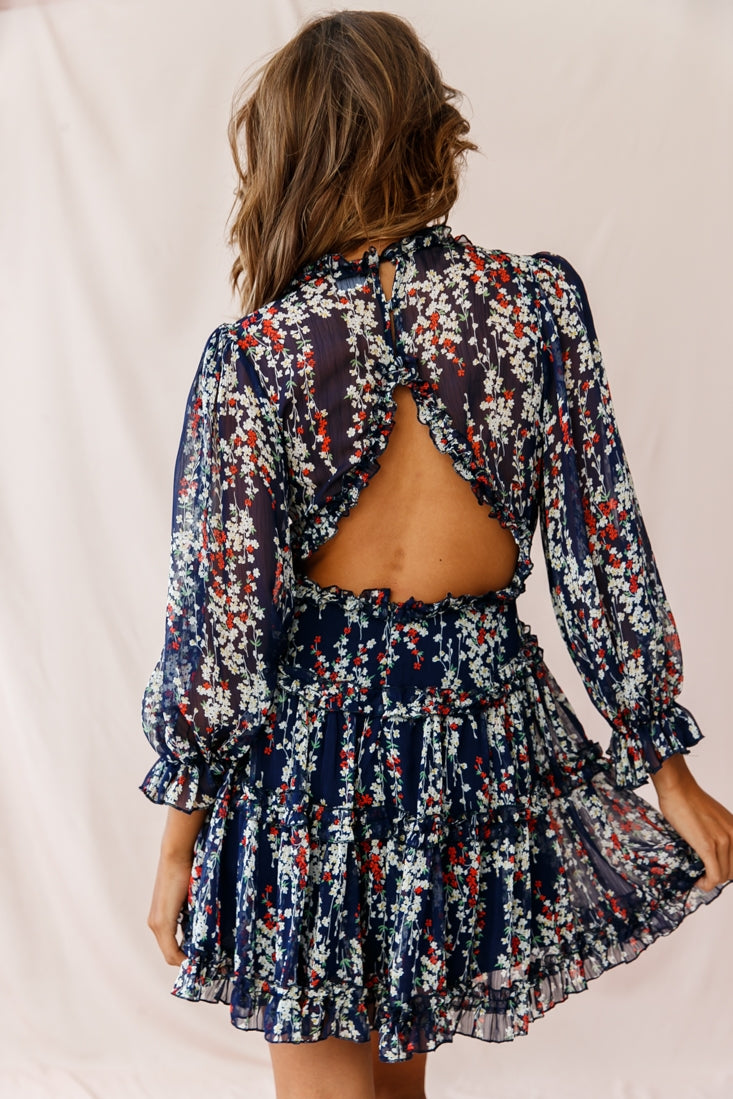Laney Cutout Back Ruffle Detail Floral Dress Navy-Maymioy