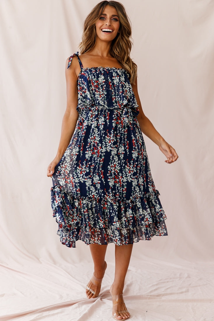 Maeve Shoulder Tie Layered Ruffle Dress Navy-Maymioy
