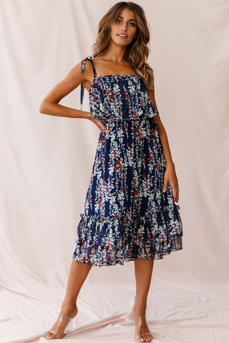 Maeve Shoulder Tie Layered Ruffle Dress Navy-Maymioy