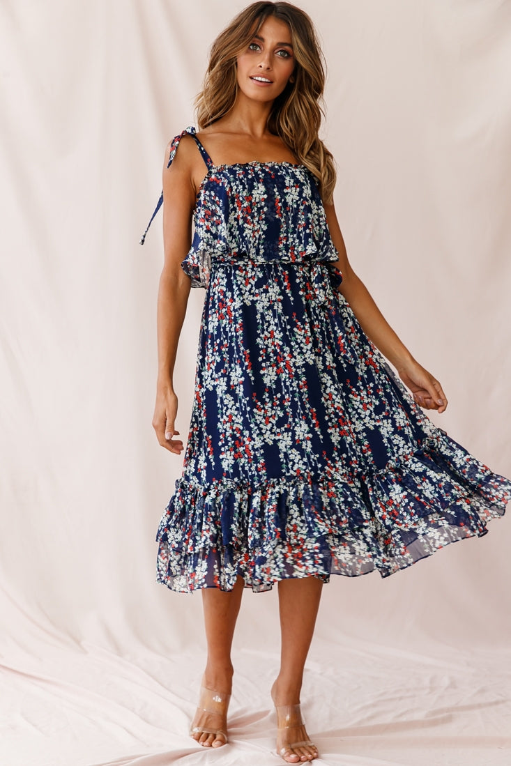 Maeve Shoulder Tie Layered Ruffle Dress Navy-Maymioy