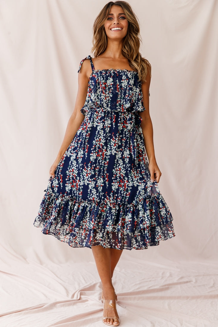 Maeve Shoulder Tie Layered Ruffle Dress Navy-Maymioy
