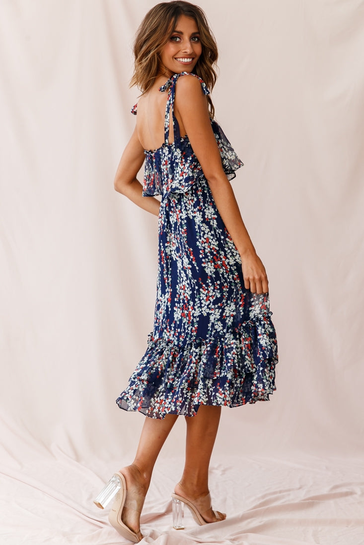 Maeve Shoulder Tie Layered Ruffle Dress Navy-Maymioy