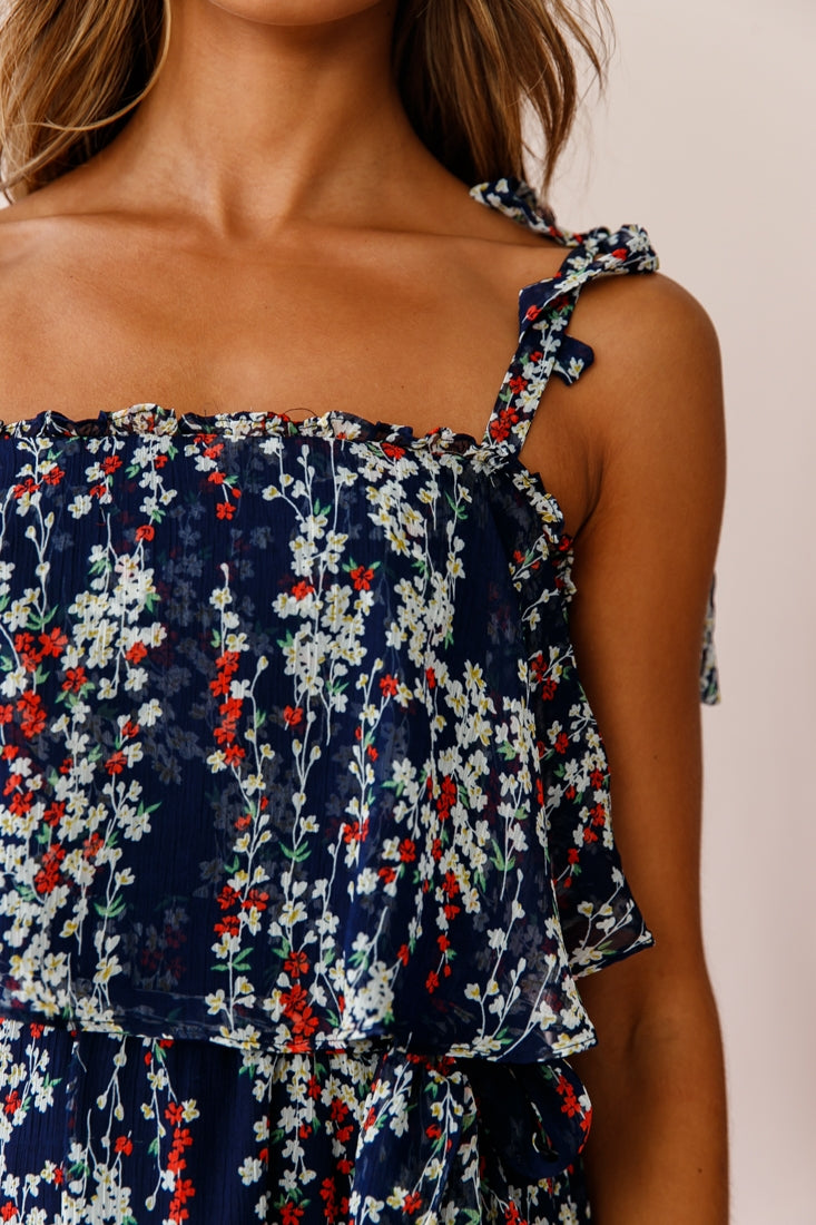 Maeve Shoulder Tie Layered Ruffle Dress Navy-Maymioy