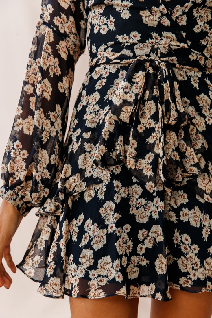 Kerry Layered Balloon Sleeve Dress Navy/Beige-Maymioy