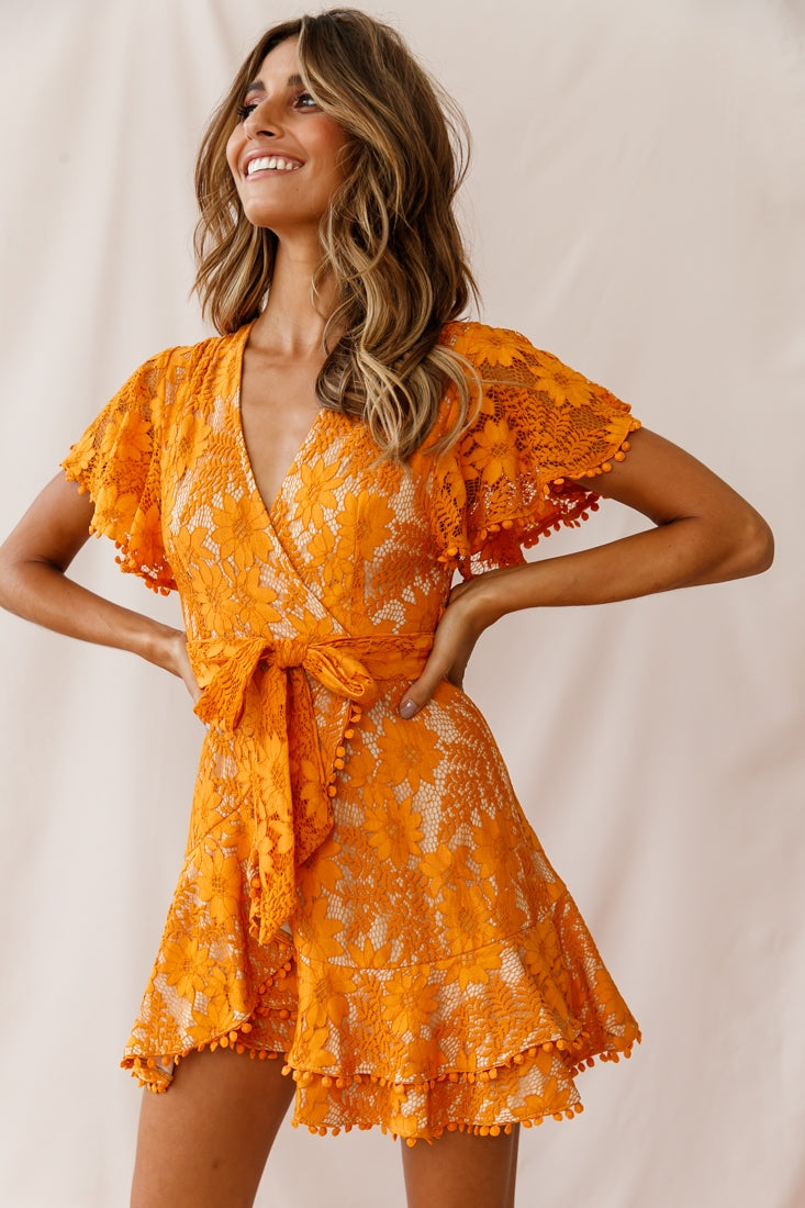 Cami Angel Sleeve Faux Wrap Dress Orange Sunset-Maymioy
