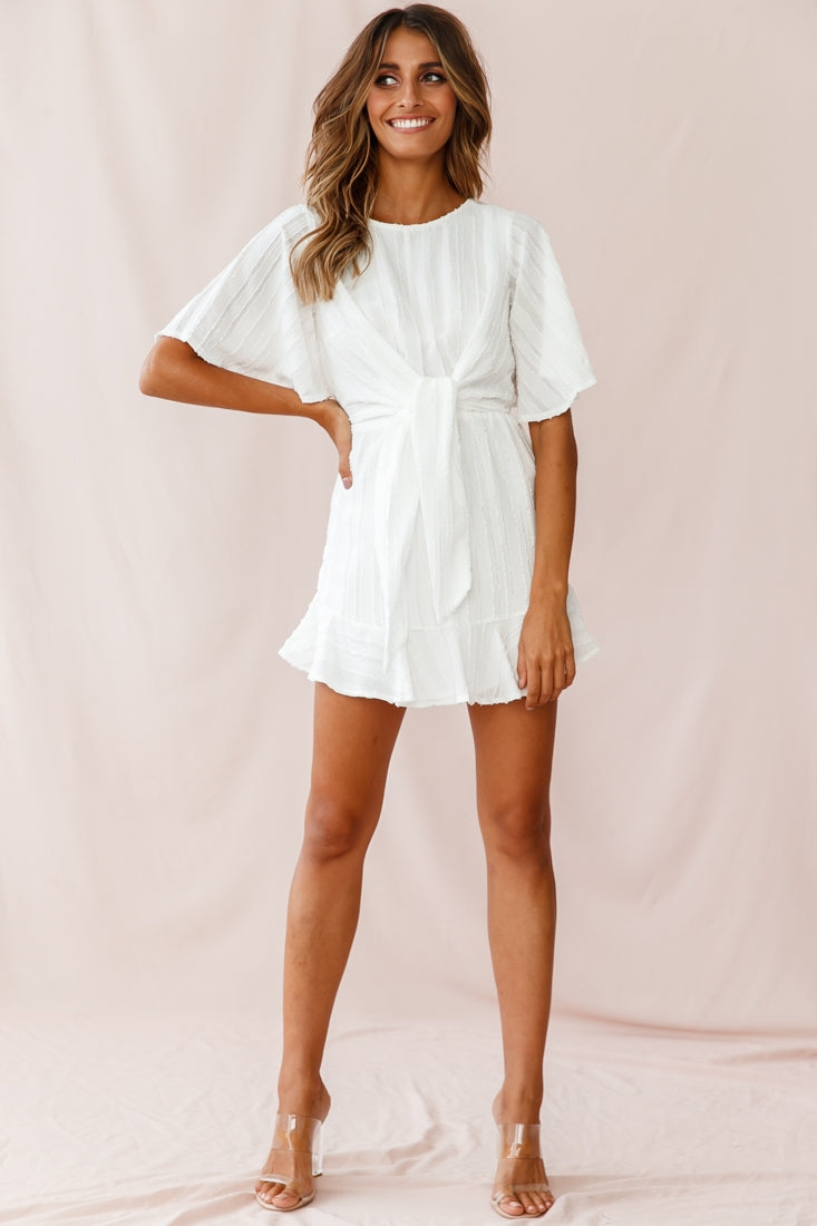 Knowing Tie-Front Frill Hem Dress White-Maymioy