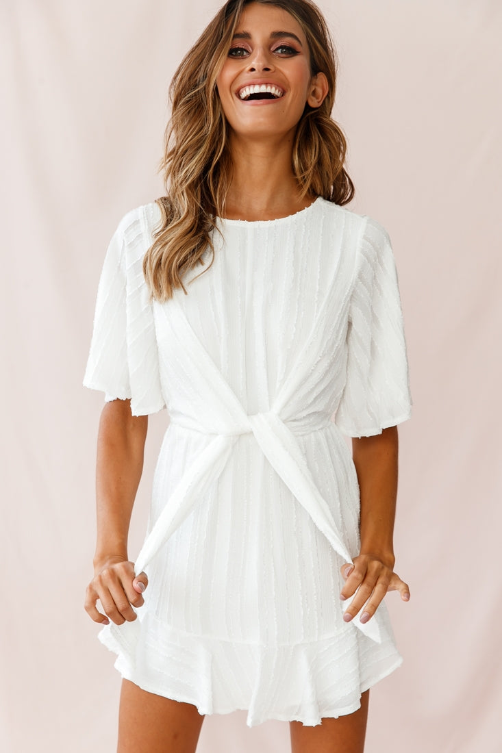 Knowing Tie-Front Frill Hem Dress White-Maymioy