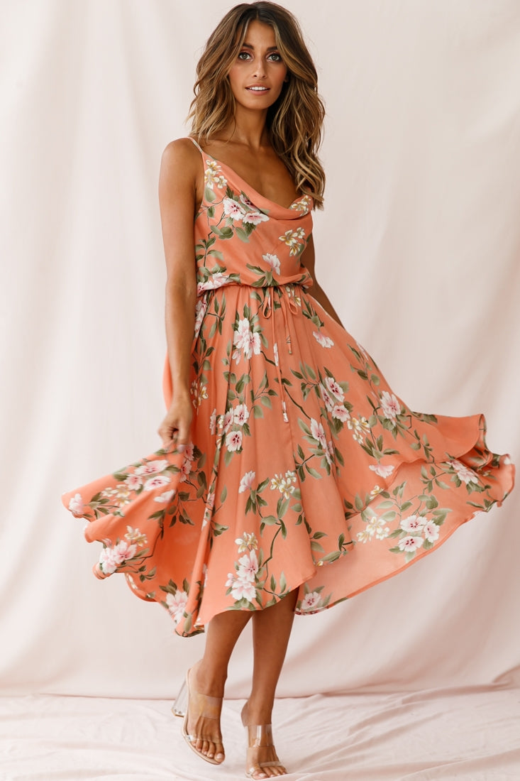 Ava Cowl Neck Drawstring Midi Dress Floral Print Peach-Maymioy