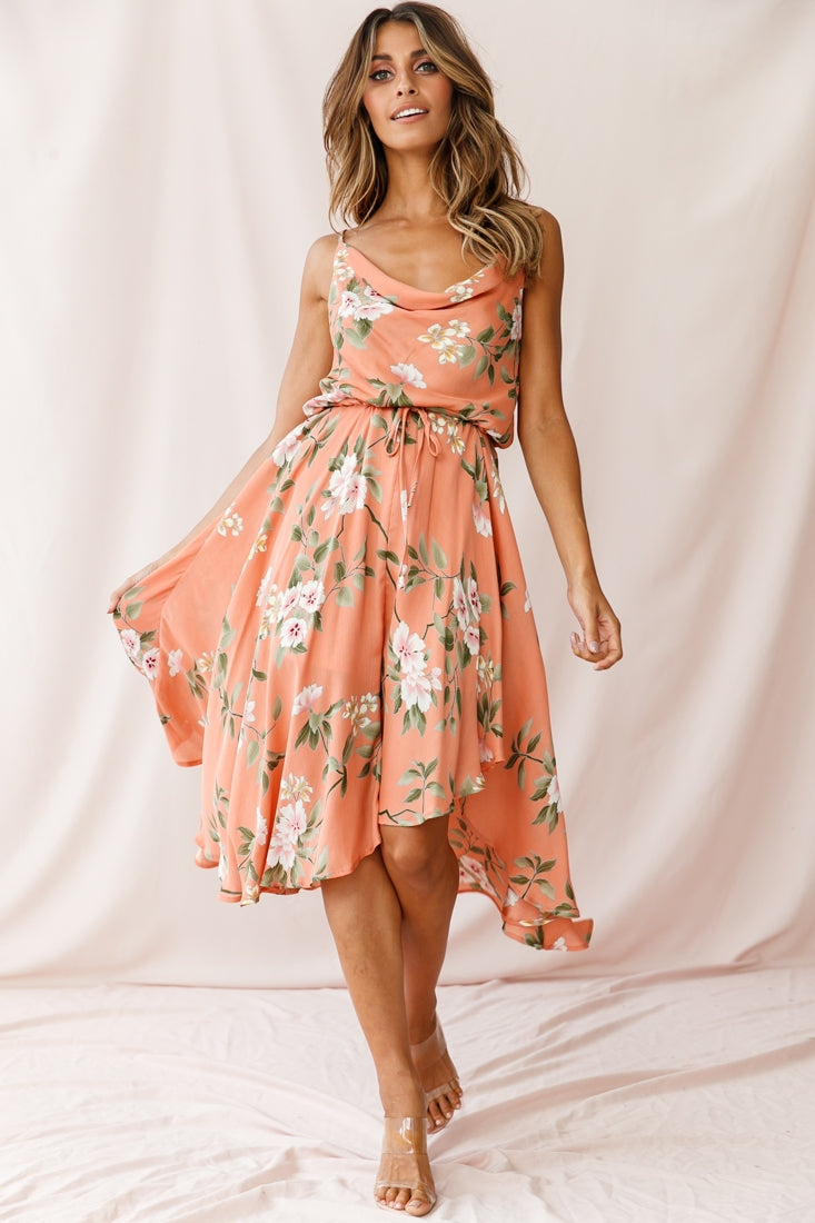 Ava Cowl Neck Drawstring Midi Dress Floral Print Peach-Maymioy