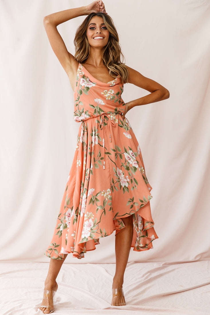 Ava Cowl Neck Drawstring Midi Dress Floral Print Peach-Maymioy