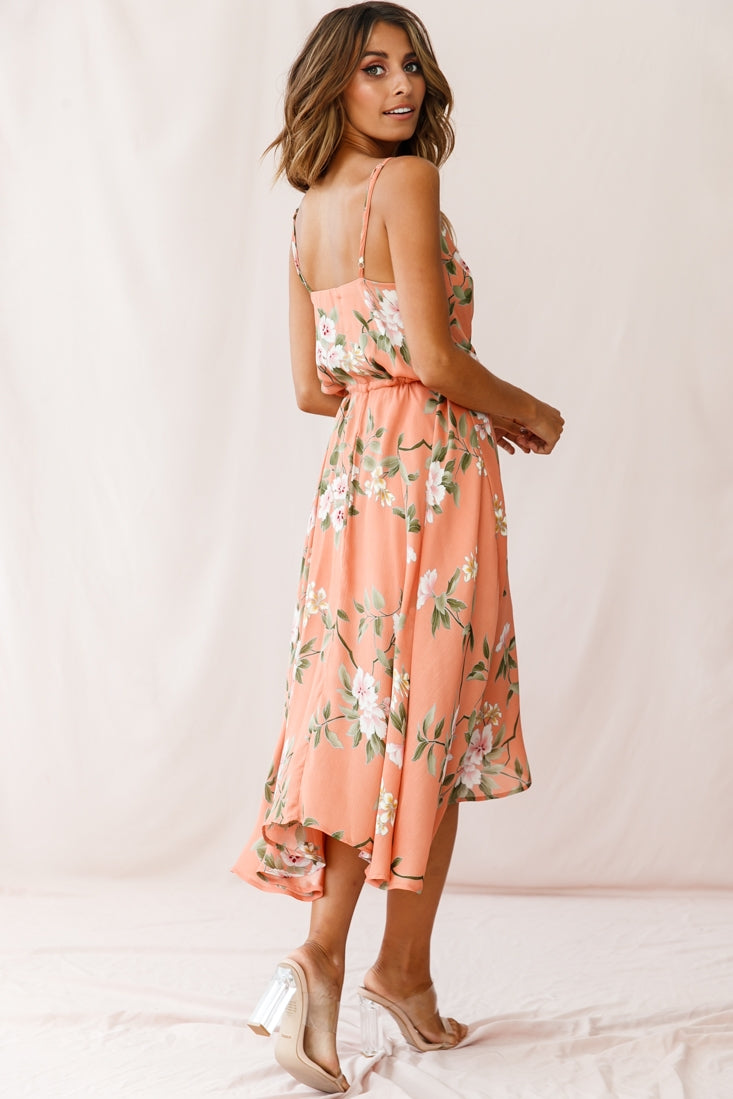 Ava Cowl Neck Drawstring Midi Dress Floral Print Peach-Maymioy