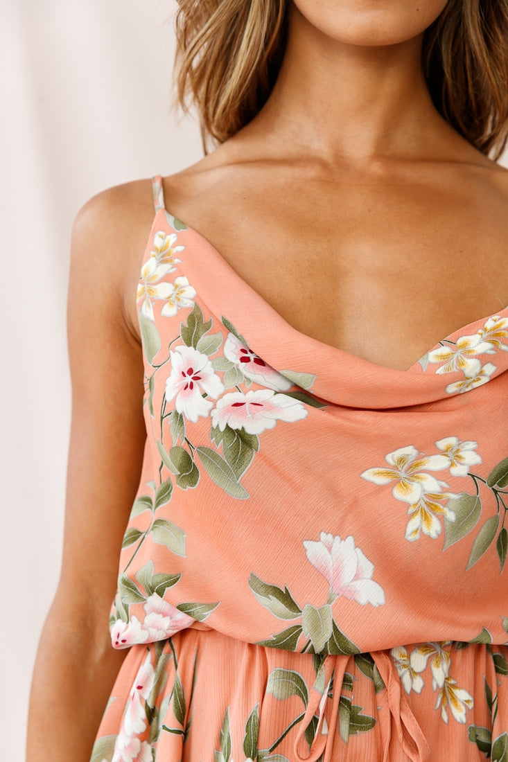 Ava Cowl Neck Drawstring Midi Dress Floral Print Peach-Maymioy