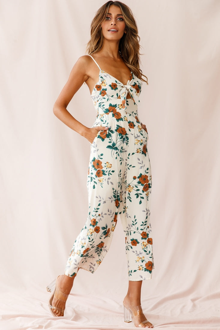 Call Me Wide-Leg Tied Bust Jumpsuit Floral Print Beige-Maymioy