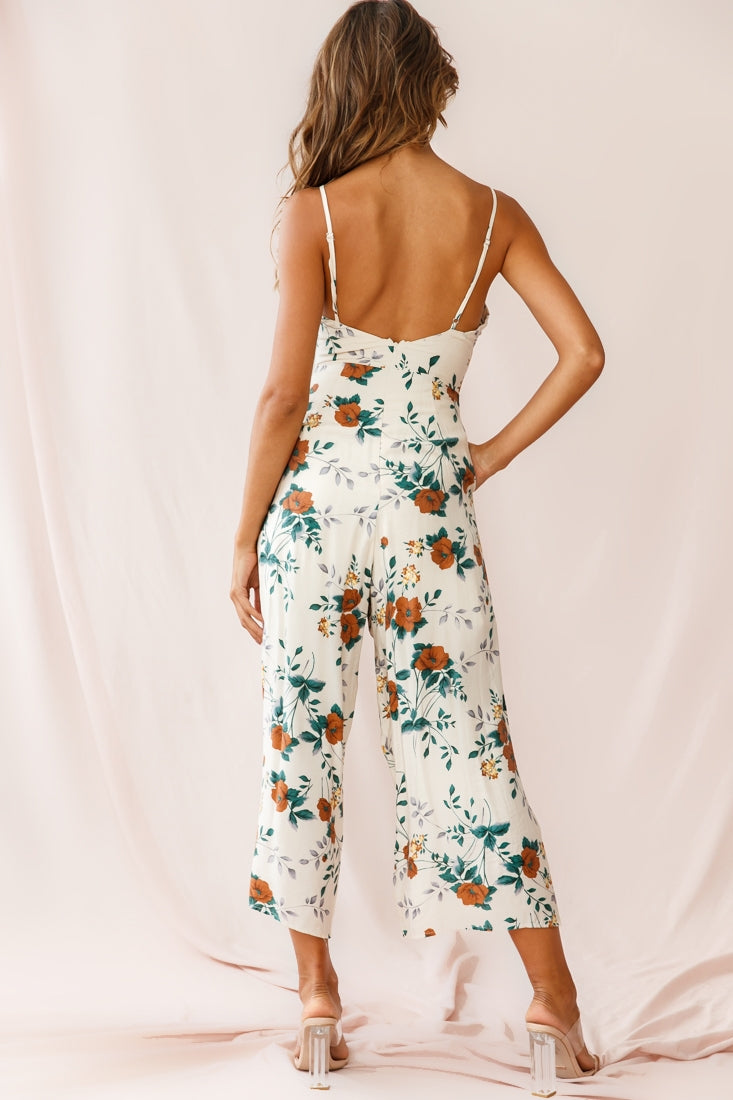 Call Me Wide-Leg Tied Bust Jumpsuit Floral Print Beige-Maymioy