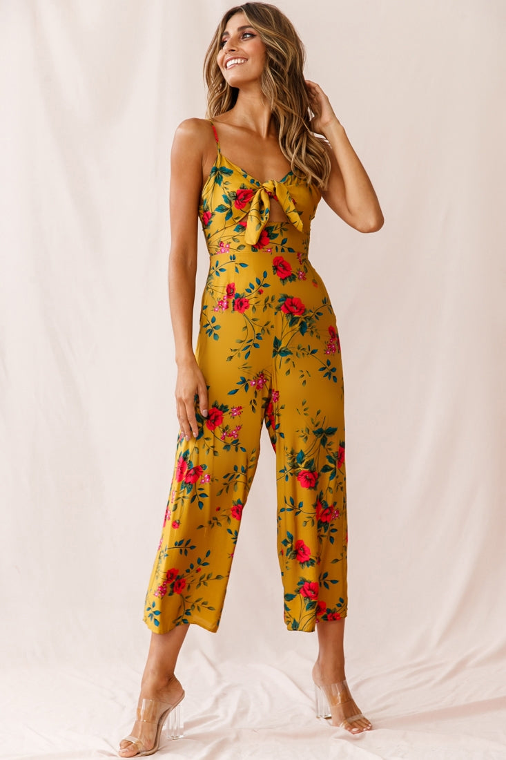 Call Me Wide-Leg Tied Bust Jumpsuit Floral Print Mustard-Maymioy