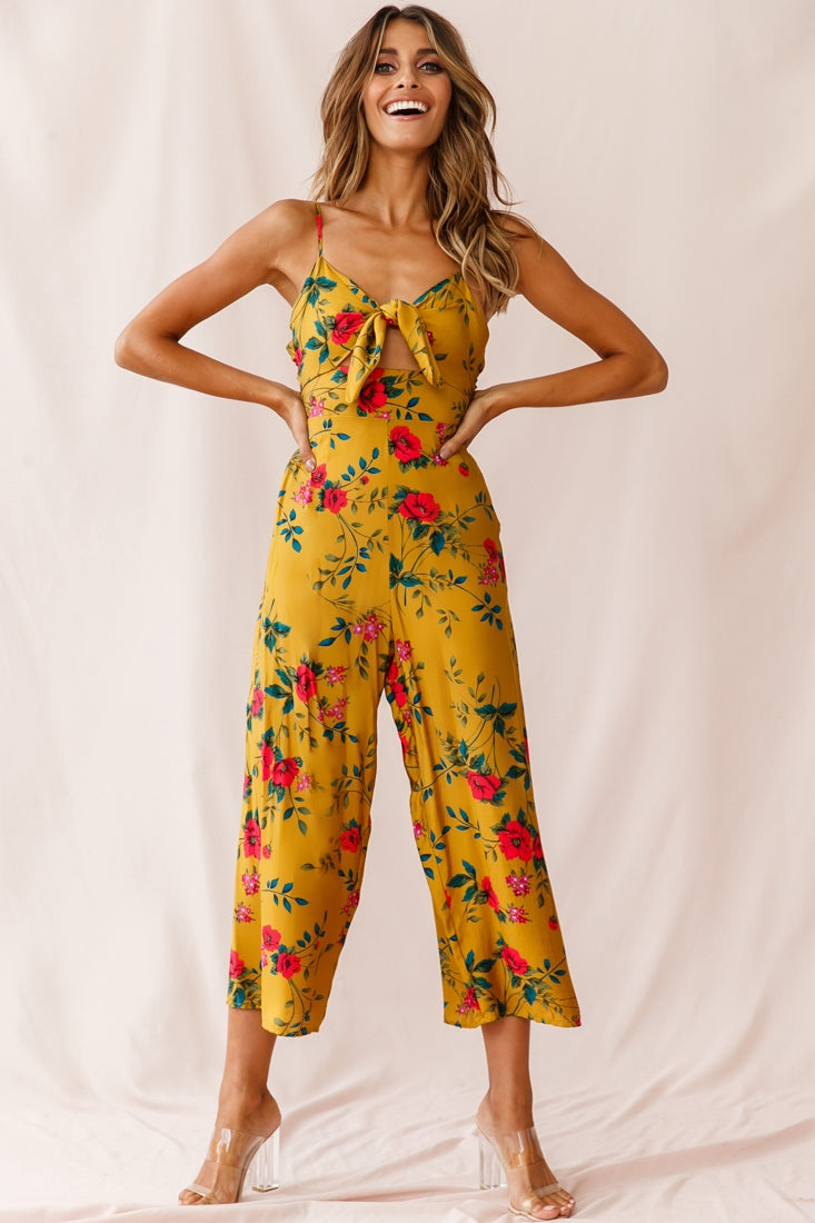 Call Me Wide-Leg Tied Bust Jumpsuit Floral Print Mustard-Maymioy