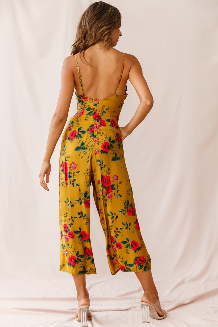 Call Me Wide-Leg Tied Bust Jumpsuit Floral Print Mustard-Maymioy