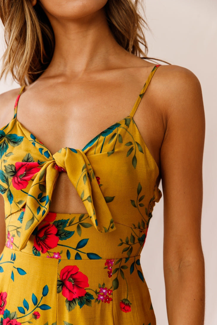 Call Me Wide-Leg Tied Bust Jumpsuit Floral Print Mustard-Maymioy