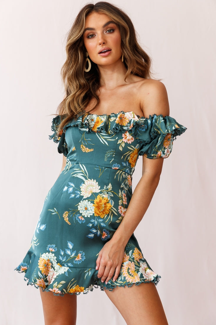 Bobby Bardot Neckline Puff Sleeve Dress Teal-Maymioy