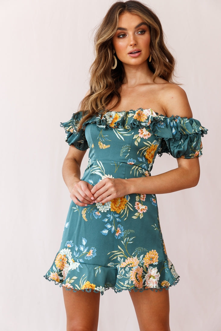 Bobby Bardot Neckline Puff Sleeve Dress Teal-Maymioy