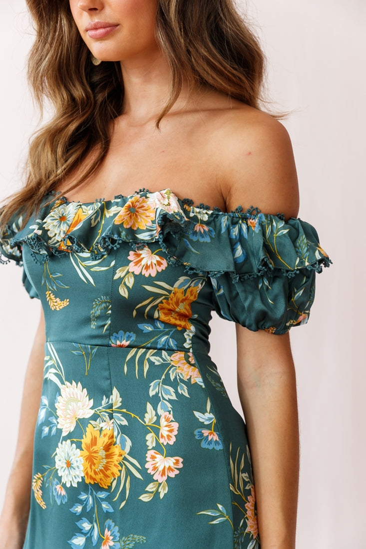 Bobby Bardot Neckline Puff Sleeve Dress Teal-Maymioy