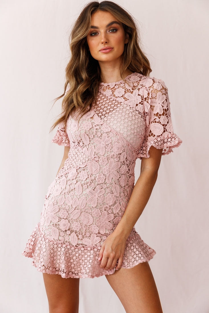 Reinhart Short Sleeve Crochet Lace Dress Blush-Maymioy