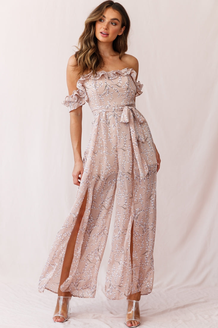 Jazz Bardot Neckline Wide Leg Split Jumpsuit Floral Print Blush-Maymioy