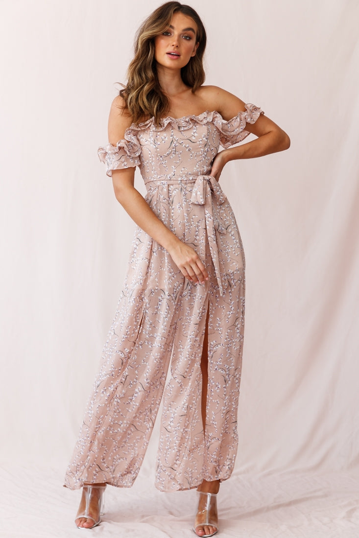 Jazz Bardot Neckline Wide Leg Split Jumpsuit Floral Print Blush-Maymioy
