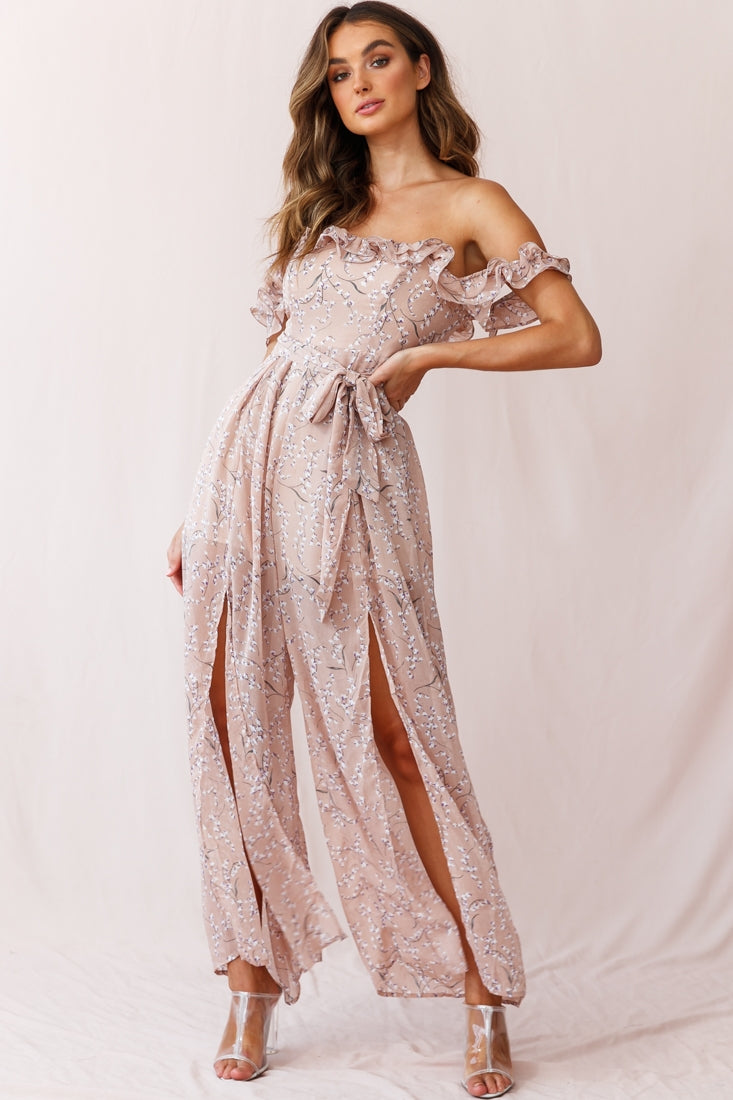 Jazz Bardot Neckline Wide Leg Split Jumpsuit Floral Print Blush-Maymioy