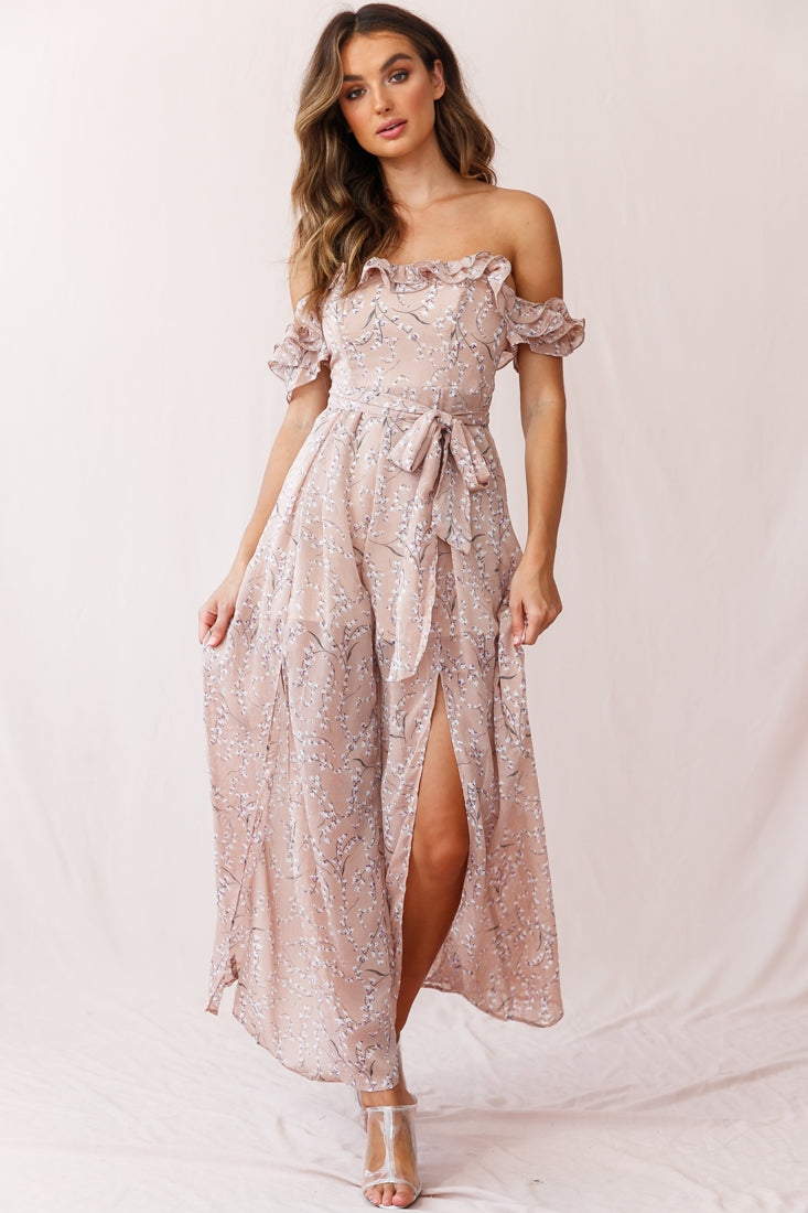 Jazz Bardot Neckline Wide Leg Split Jumpsuit Floral Print Blush-Maymioy
