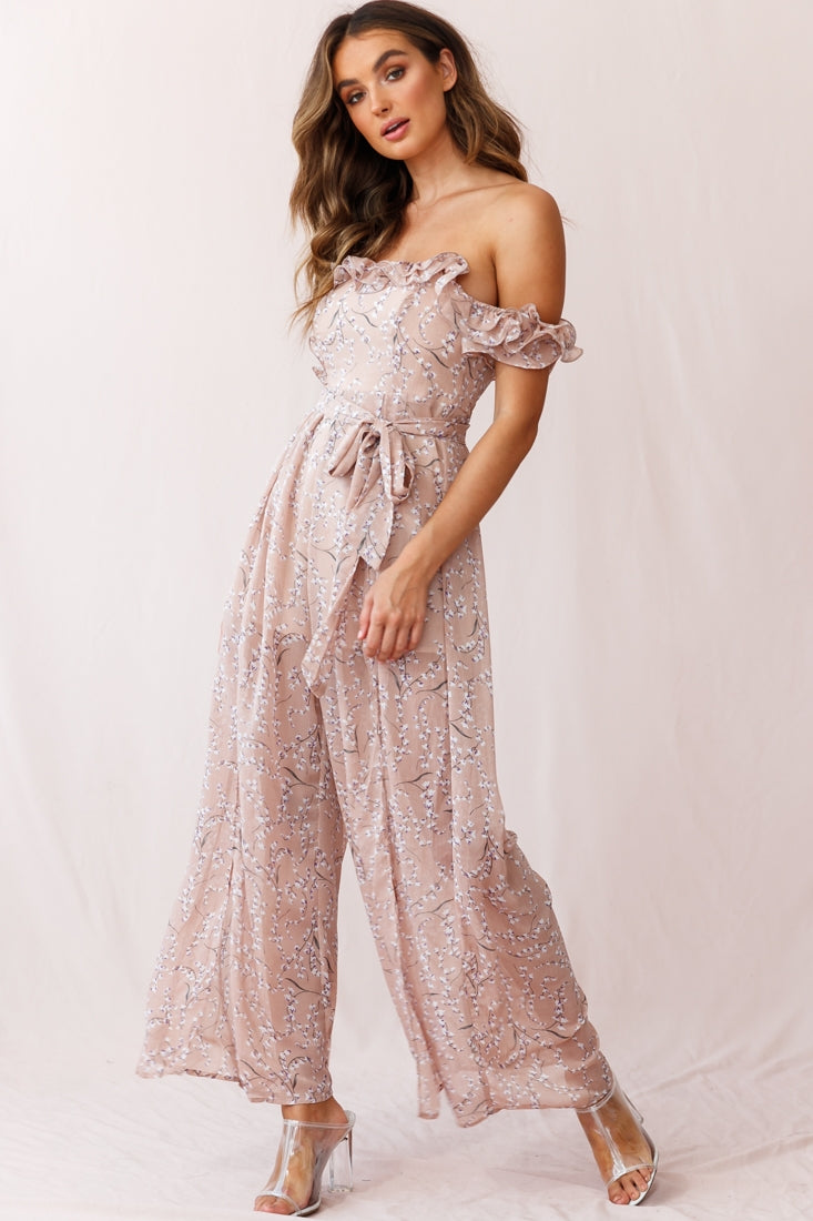 Jazz Bardot Neckline Wide Leg Split Jumpsuit Floral Print Blush-Maymioy