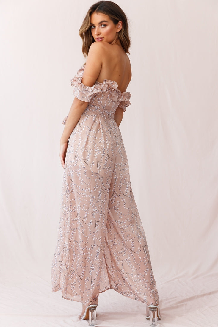 Jazz Bardot Neckline Wide Leg Split Jumpsuit Floral Print Blush-Maymioy