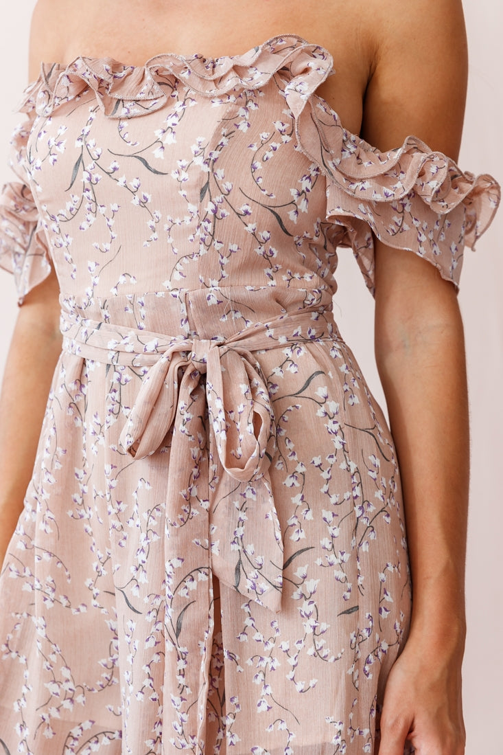 Jazz Bardot Neckline Wide Leg Split Jumpsuit Floral Print Blush-Maymioy