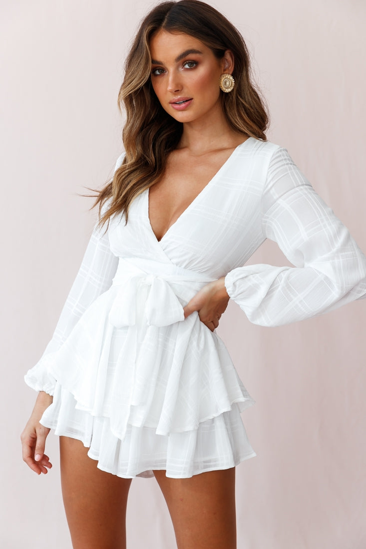 Maddox Fit & Flare Long Sleeve Romper White-Maymioy