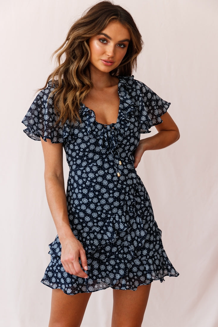 Kalina Ruffle Neckline Flutter Sleeve Mini Dress Dot Print Navy/White-Maymioy