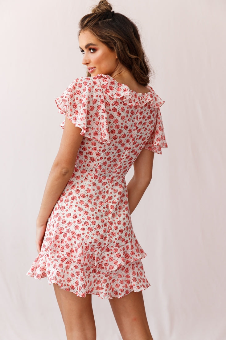 Kalina Ruffle Neckline Flutter Sleeve Mini Dress Dot Print Beige/Red-Maymioy