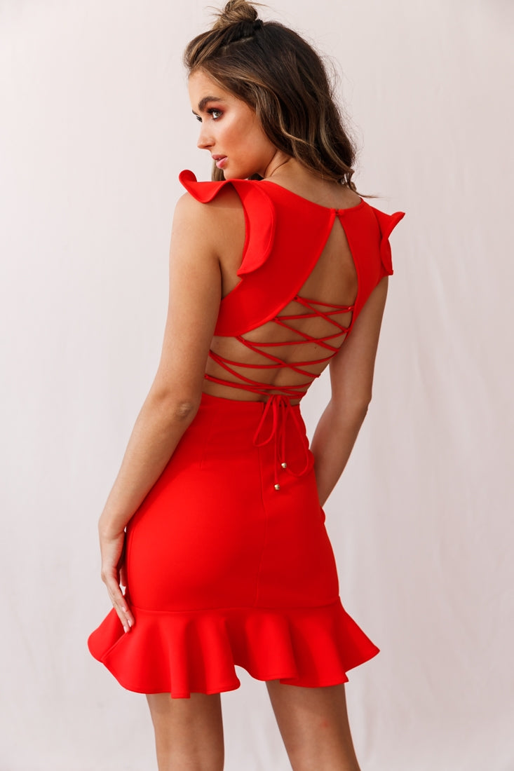Take Note Frill Dress Scarlet Red-Maymioy