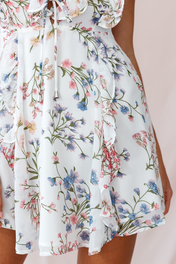 Maison Lace-Up Bust Ruffle Dress Ivory Floral-Maymioy