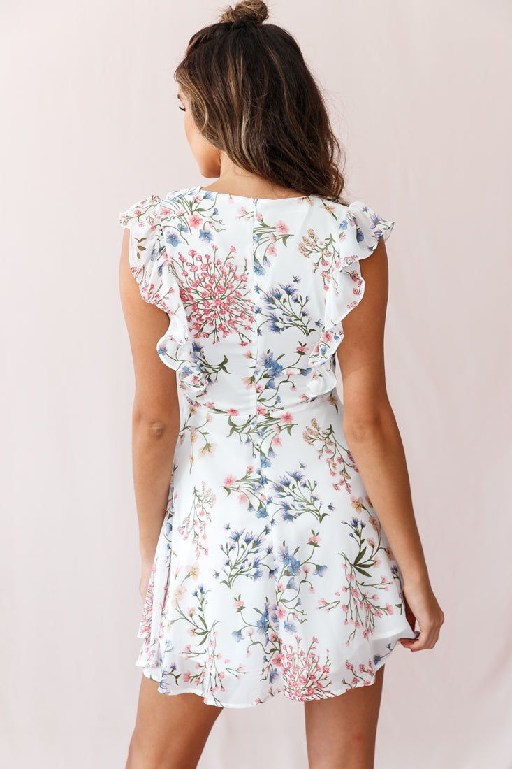 Maison Lace-Up Bust Ruffle Dress Ivory Floral-Maymioy
