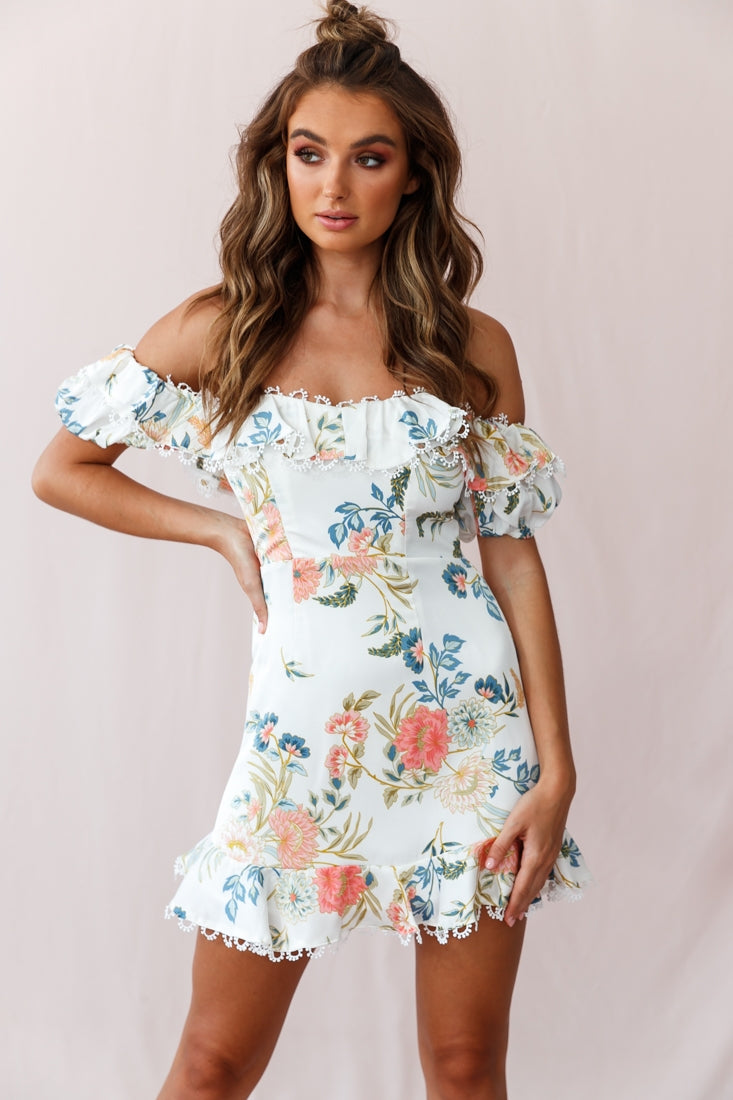 Bobby Bardot Neckline Puff Sleeve Dress Floral Print White-Maymioy