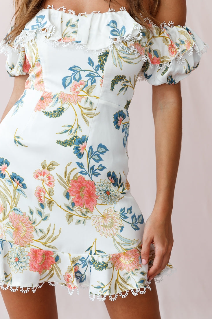 Bobby Bardot Neckline Puff Sleeve Dress Floral Print White-Maymioy