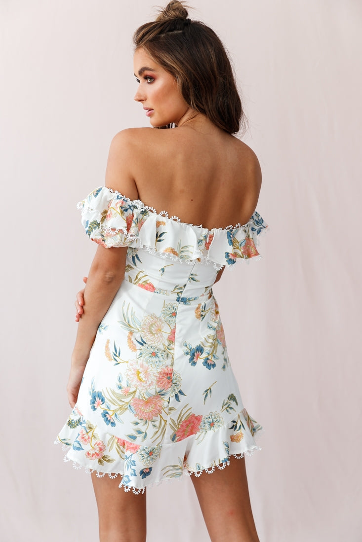Bobby Bardot Neckline Puff Sleeve Dress Floral Print White-Maymioy