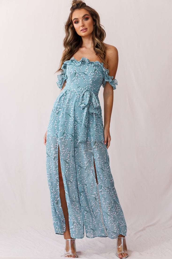 Jazz Bardot Neckline Wide Leg Split Jumpsuit Sage-Maymioy