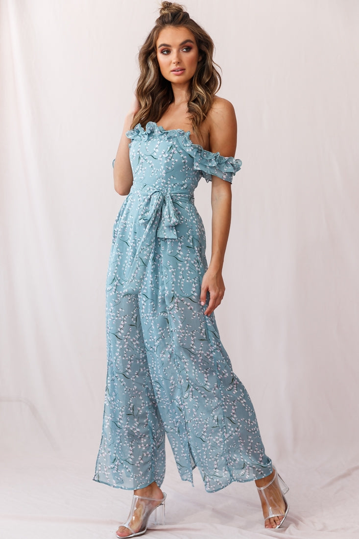 Jazz Bardot Neckline Wide Leg Split Jumpsuit Sage-Maymioy
