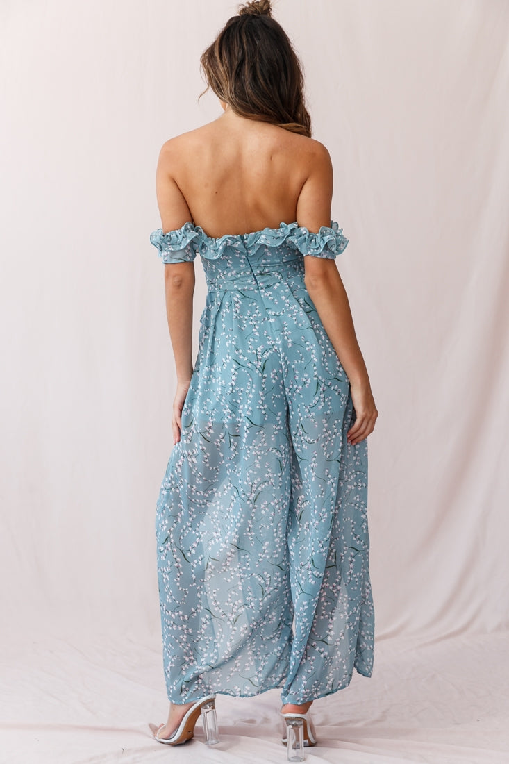 Jazz Bardot Neckline Wide Leg Split Jumpsuit Sage-Maymioy