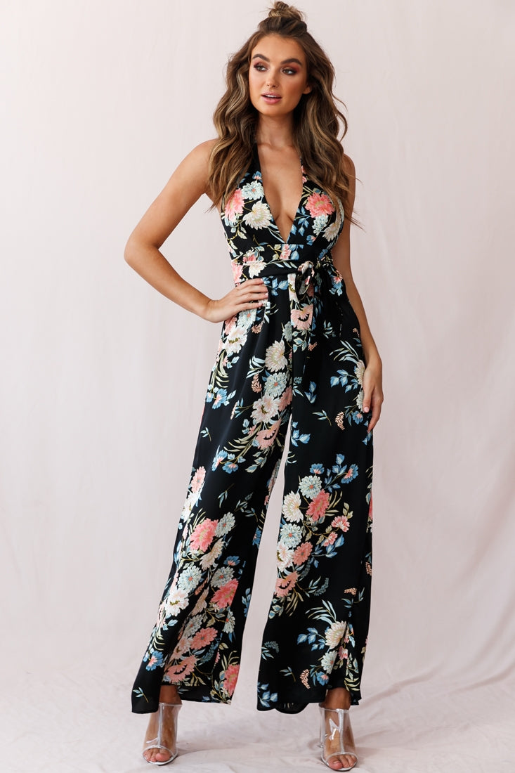 Make Me Halterneck Low Back Jumpsuit Floral Print Black-Maymioy