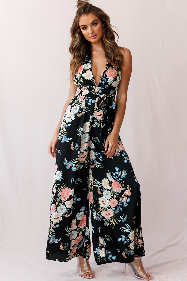 Make Me Halterneck Low Back Jumpsuit Floral Print Black-Maymioy