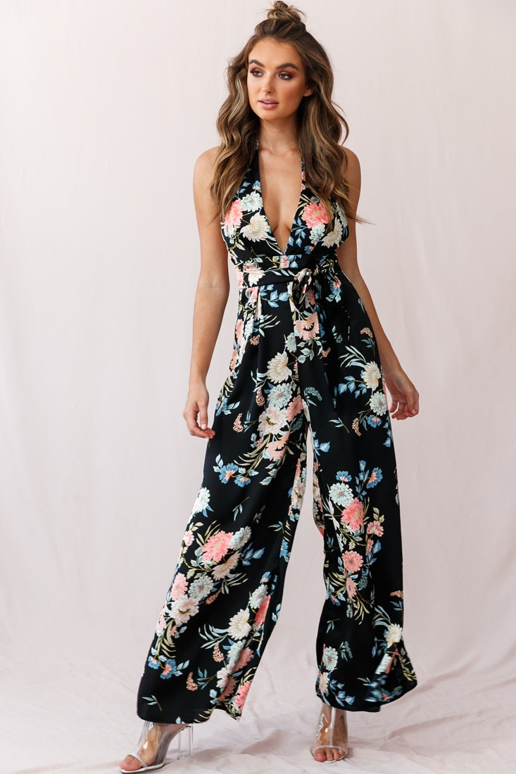 Make Me Halterneck Low Back Jumpsuit Floral Print Black-Maymioy